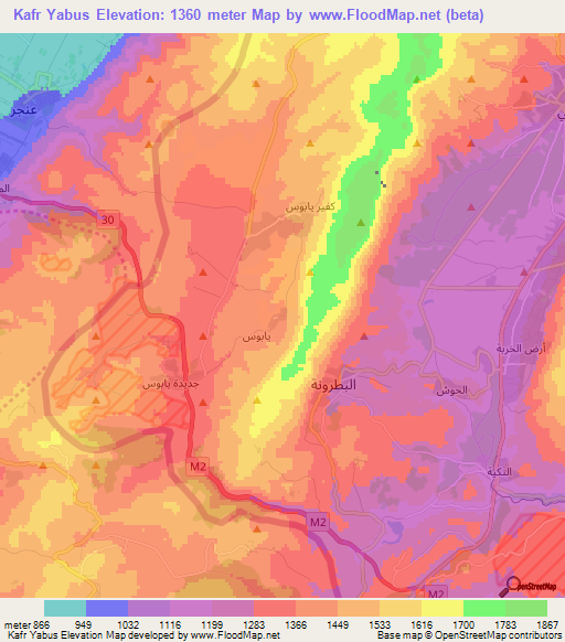 Kafr Yabus,Syria Elevation Map