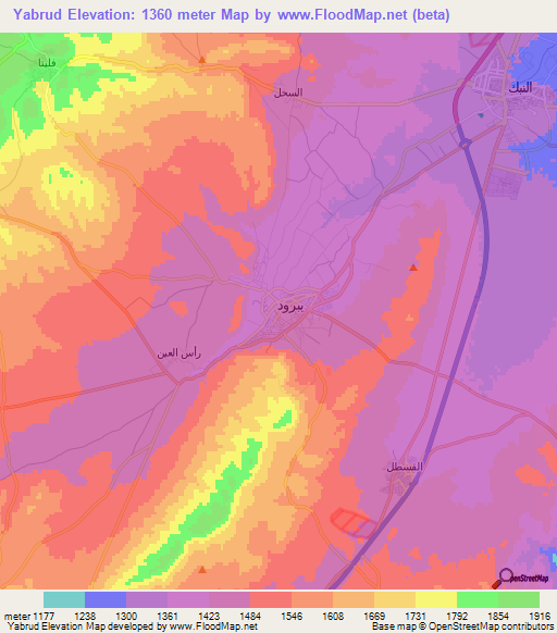 Yabrud,Syria Elevation Map