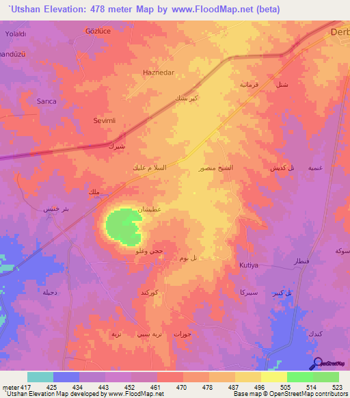 `Utshan,Syria Elevation Map