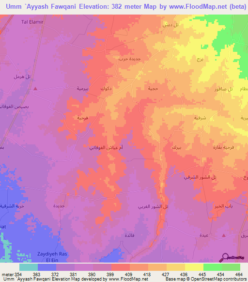 Umm `Ayyash Fawqani,Syria Elevation Map