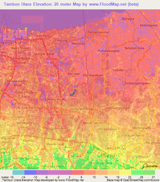 Tambun Utara,Indonesia Elevation Map