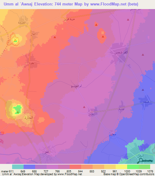 Umm al `Awsaj,Syria Elevation Map