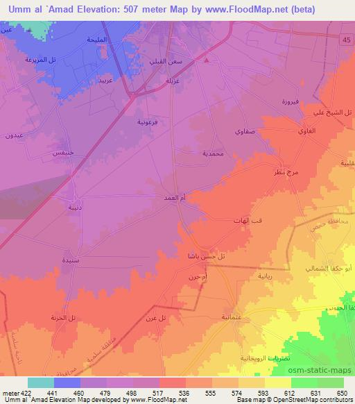 Umm al `Amad,Syria Elevation Map