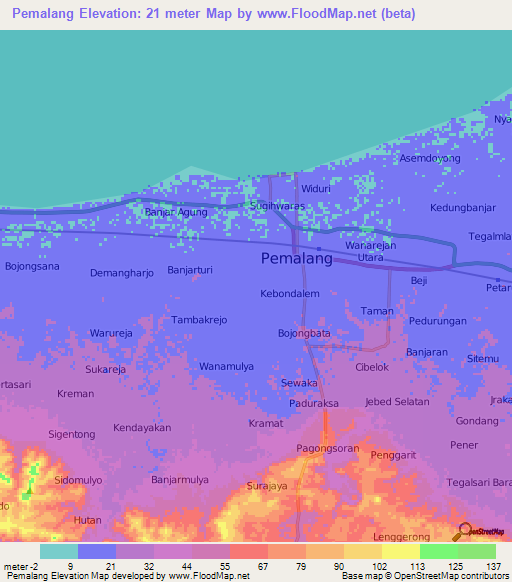 Pemalang,Indonesia Elevation Map