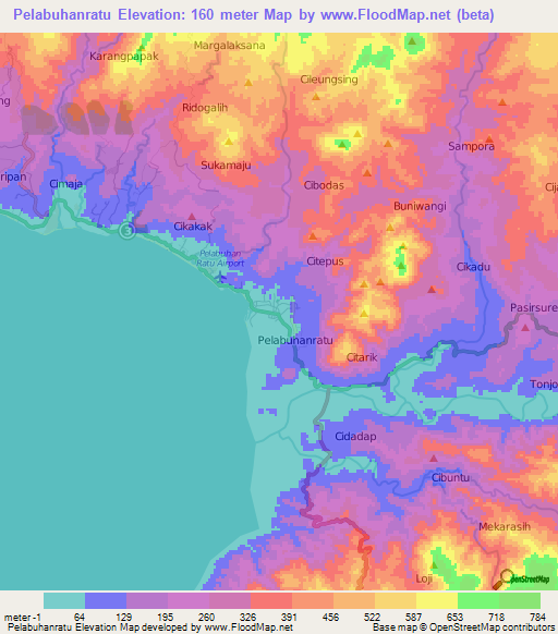Pelabuhanratu,Indonesia Elevation Map