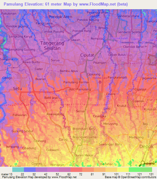 Pamulang,Indonesia Elevation Map