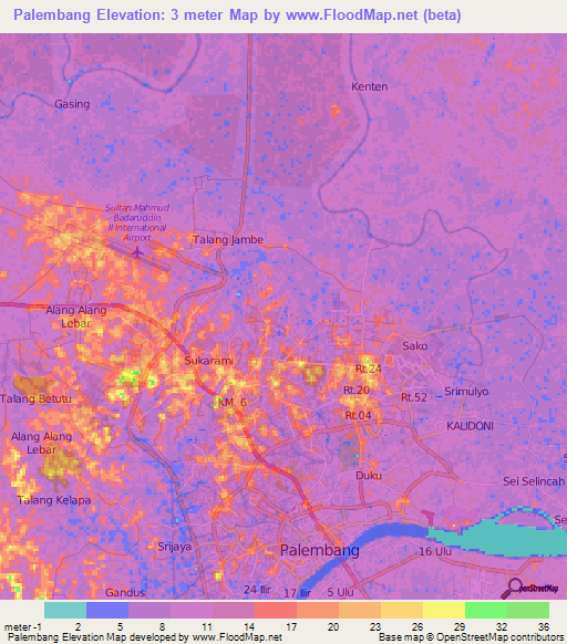 Palembang,Indonesia Elevation Map