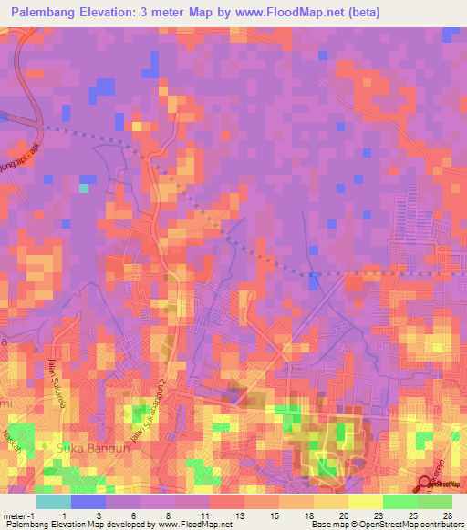 Palembang,Indonesia Elevation Map