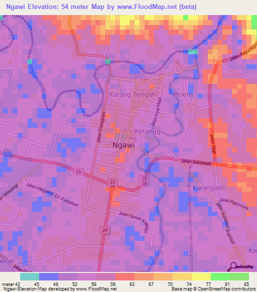 Ngawi,Indonesia Elevation Map