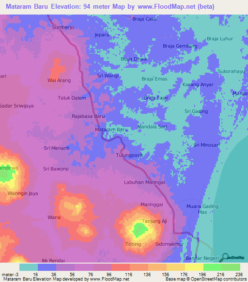 Mataram Baru,Indonesia Elevation Map