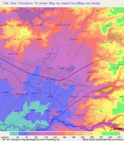 Tall `Awi`,Syria Elevation Map
