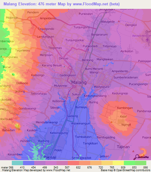 Malang,Indonesia Elevation Map