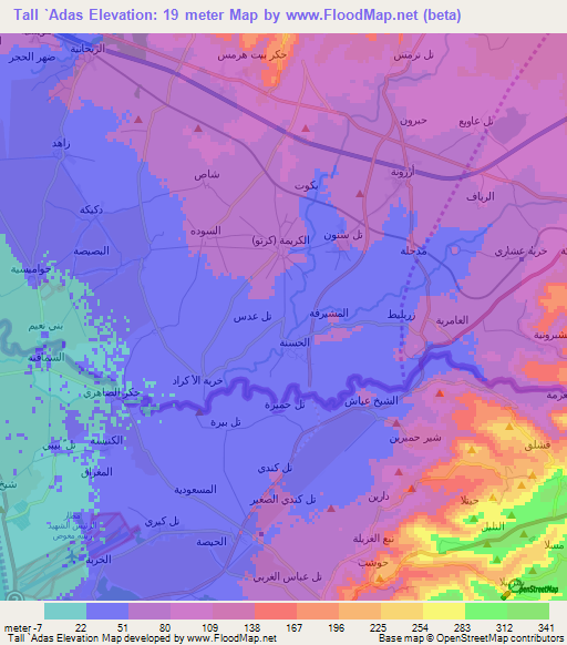 Tall `Adas,Syria Elevation Map