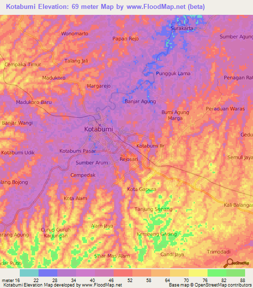 Kotabumi,Indonesia Elevation Map