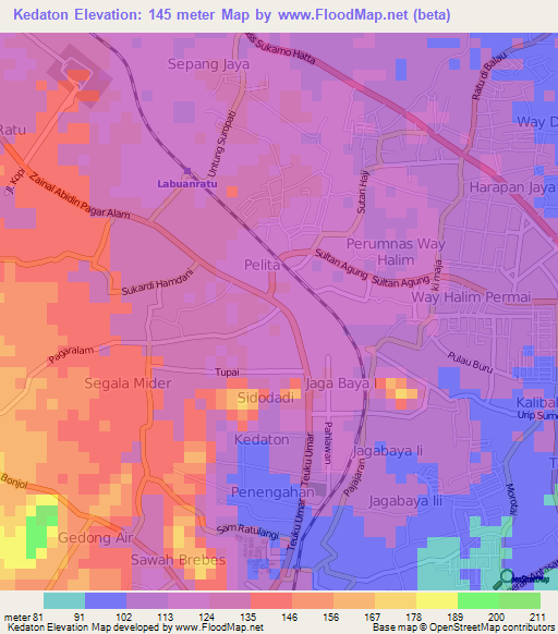 Kedaton,Indonesia Elevation Map
