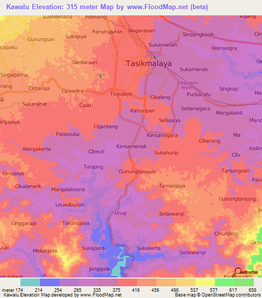 Kawalu,Indonesia Elevation Map