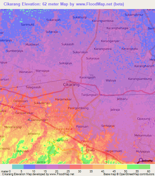 Cikarang,Indonesia Elevation Map