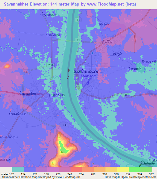 Savannakhet,Laos Elevation Map
