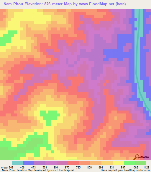 Nam Phou,Laos Elevation Map