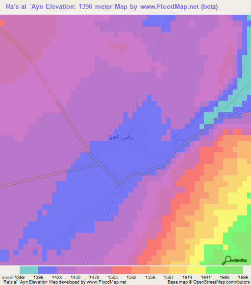 Ra's al `Ayn,Syria Elevation Map