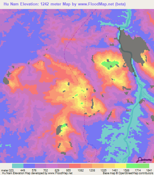 Hu Nam,Laos Elevation Map