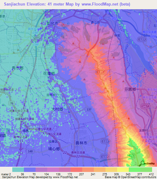 Sanjiachun,Taiwan Elevation Map