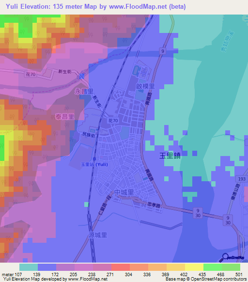 Yuli,Taiwan Elevation Map