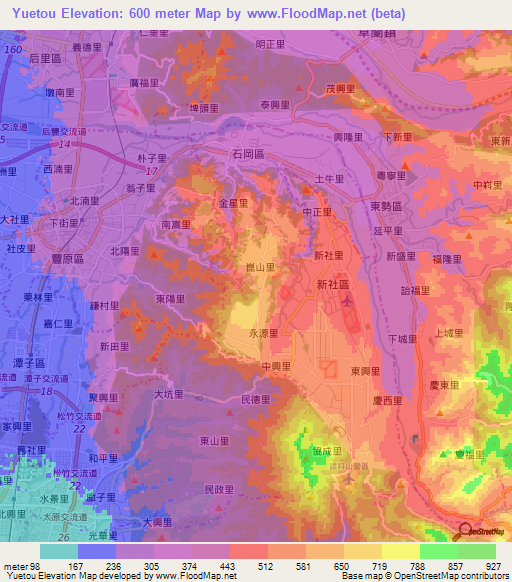 Yuetou,Taiwan Elevation Map