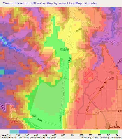 Yuetou,Taiwan Elevation Map