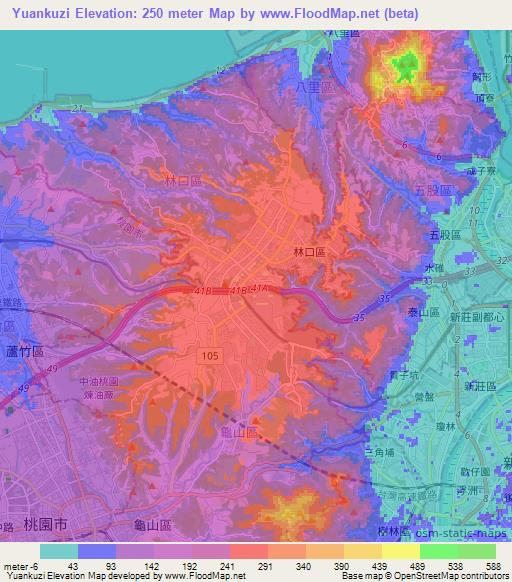 Yuankuzi,Taiwan Elevation Map