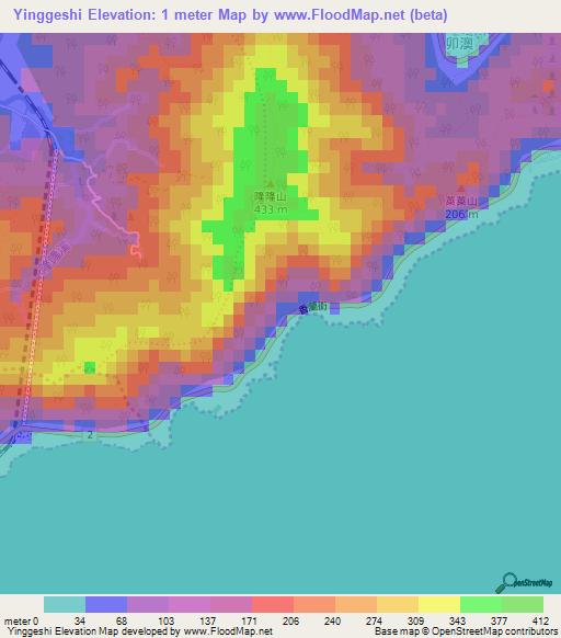 Yinggeshi,Taiwan Elevation Map