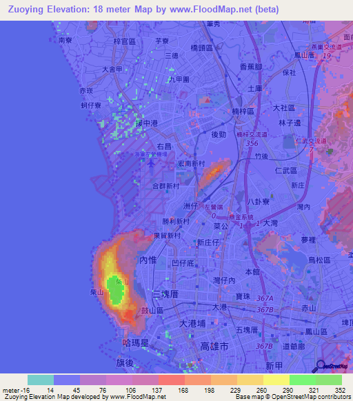 Zuoying,Taiwan Elevation Map