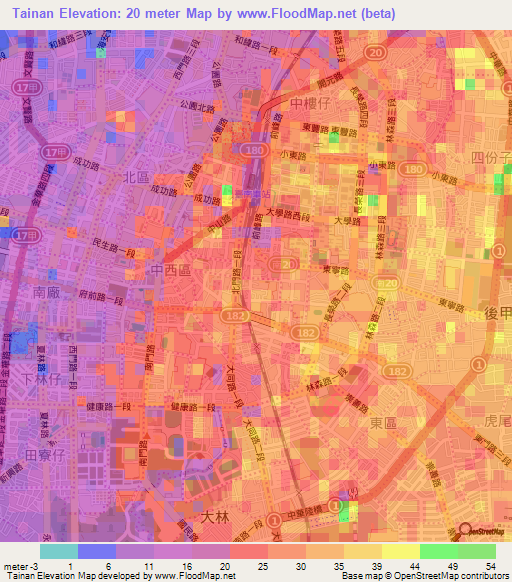 Tainan,Taiwan Elevation Map
