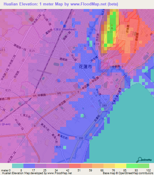 Hualian,Taiwan Elevation Map