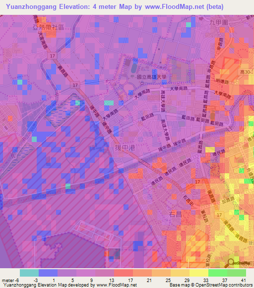 Yuanzhonggang,Taiwan Elevation Map