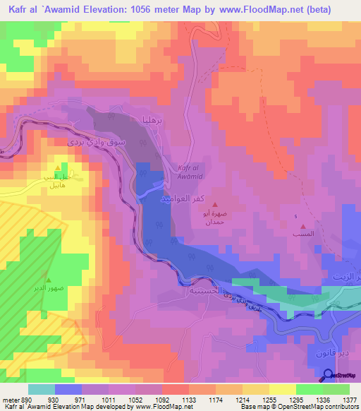 Kafr al `Awamid,Syria Elevation Map