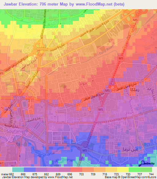 Jawbar,Syria Elevation Map
