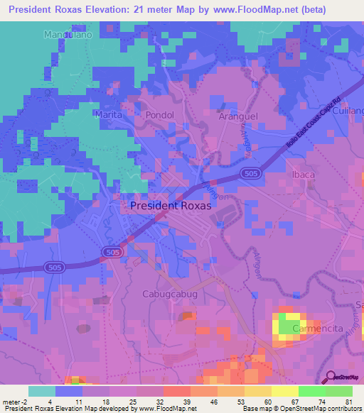President Roxas,Philippines Elevation Map