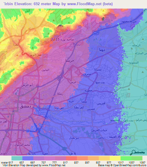 `Irbin,Syria Elevation Map