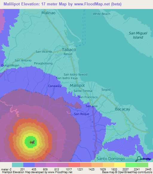 Malilipot,Philippines Elevation Map