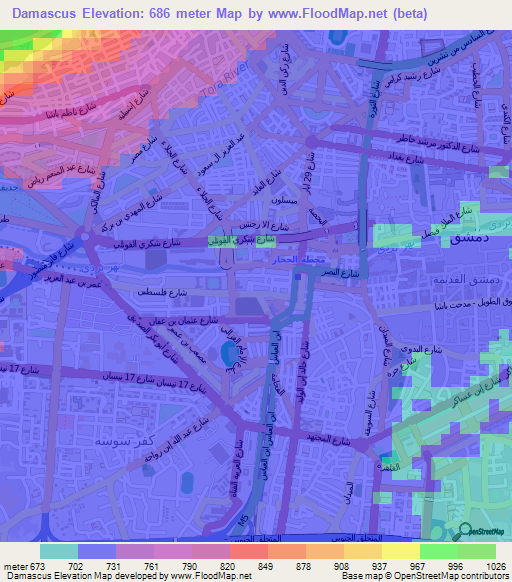 Damascus,Syria Elevation Map