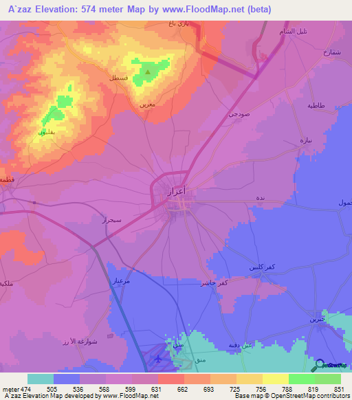 A`zaz,Syria Elevation Map