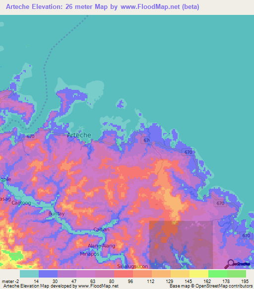 Arteche,Philippines Elevation Map