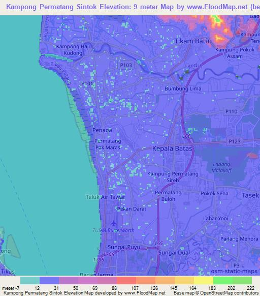Kampong Permatang Sintok,Malaysia Elevation Map