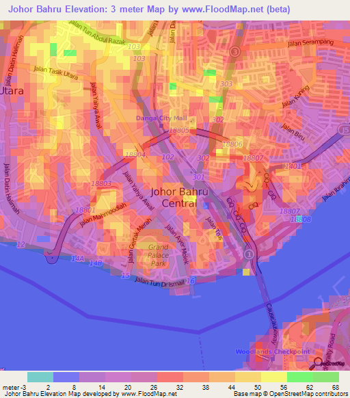 Johor Bahru,Malaysia Elevation Map