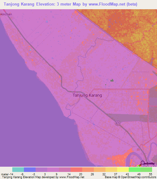 Tanjong Karang,Malaysia Elevation Map