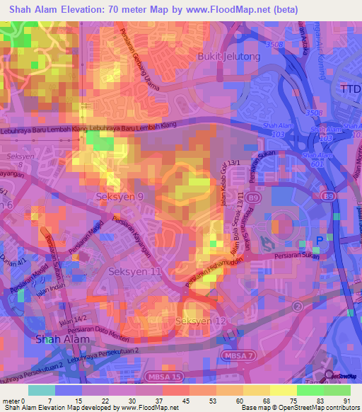 Shah Alam,Malaysia Elevation Map