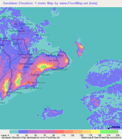 Sandakan,Malaysia Elevation Map
