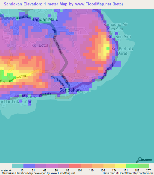 Sandakan,Malaysia Elevation Map