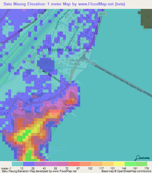 Batu Maung,Malaysia Elevation Map